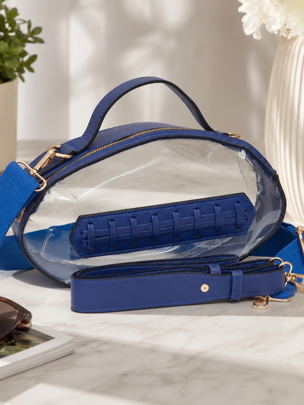 Clear Oval Crossbody Bag with Blue Trim